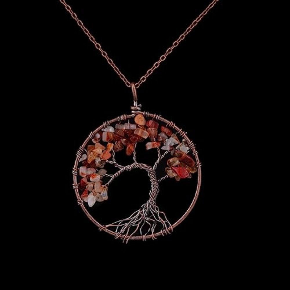 NWOT Tree of Life Necklace red agate wire 2 chains gold-tone copper-tone Pendant